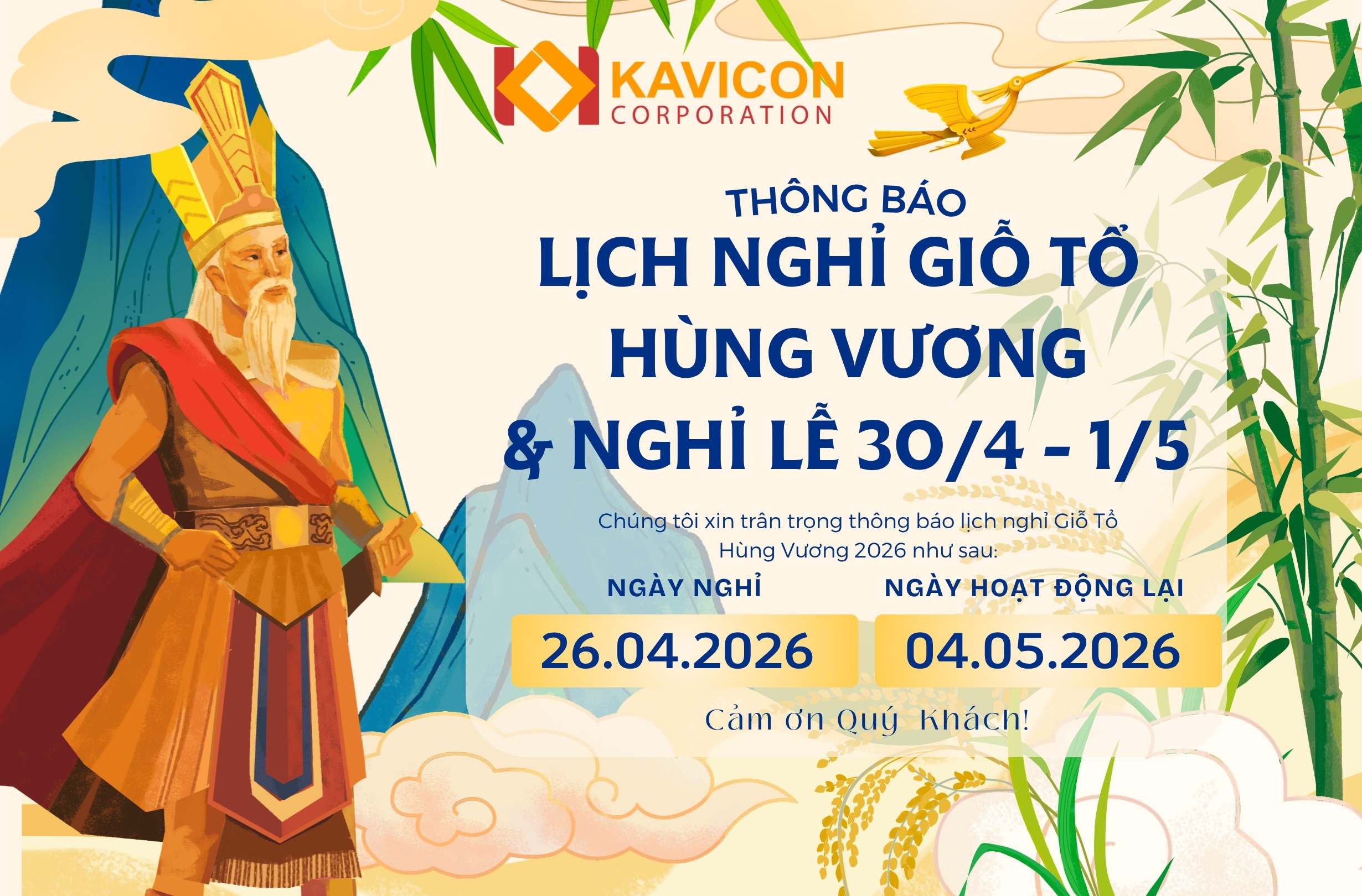 📢 THÔNG BÁO LỊCH NGHỈ LỄ GIỖ TỔ HÙNG VƯƠNG & 30/4 – 1/5/2026